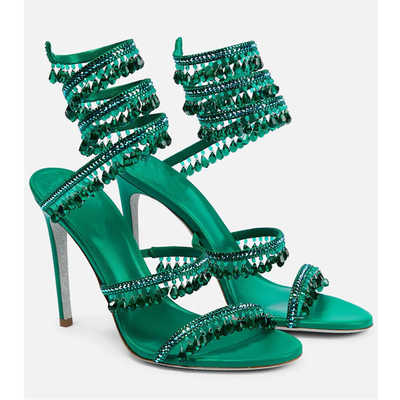 Women'S Shoes Peep Toe - Seksi Yeşil Kristal Saçaklı Stiletto Sandalet