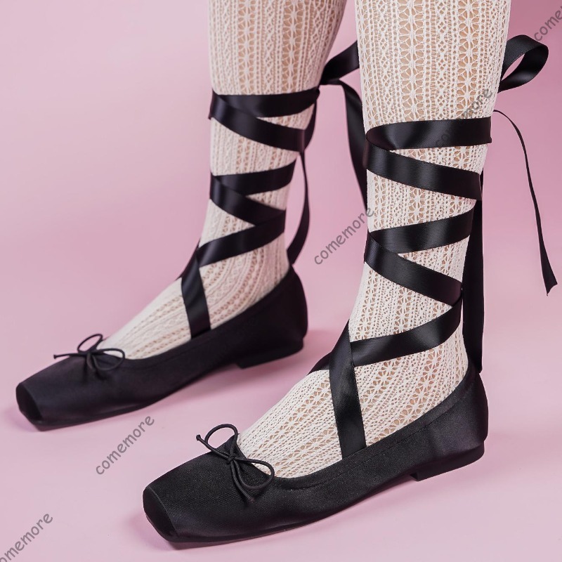 Shoes For Women Flats - Kadınlar İçin Saten Kurdele Bağcıklı Bale